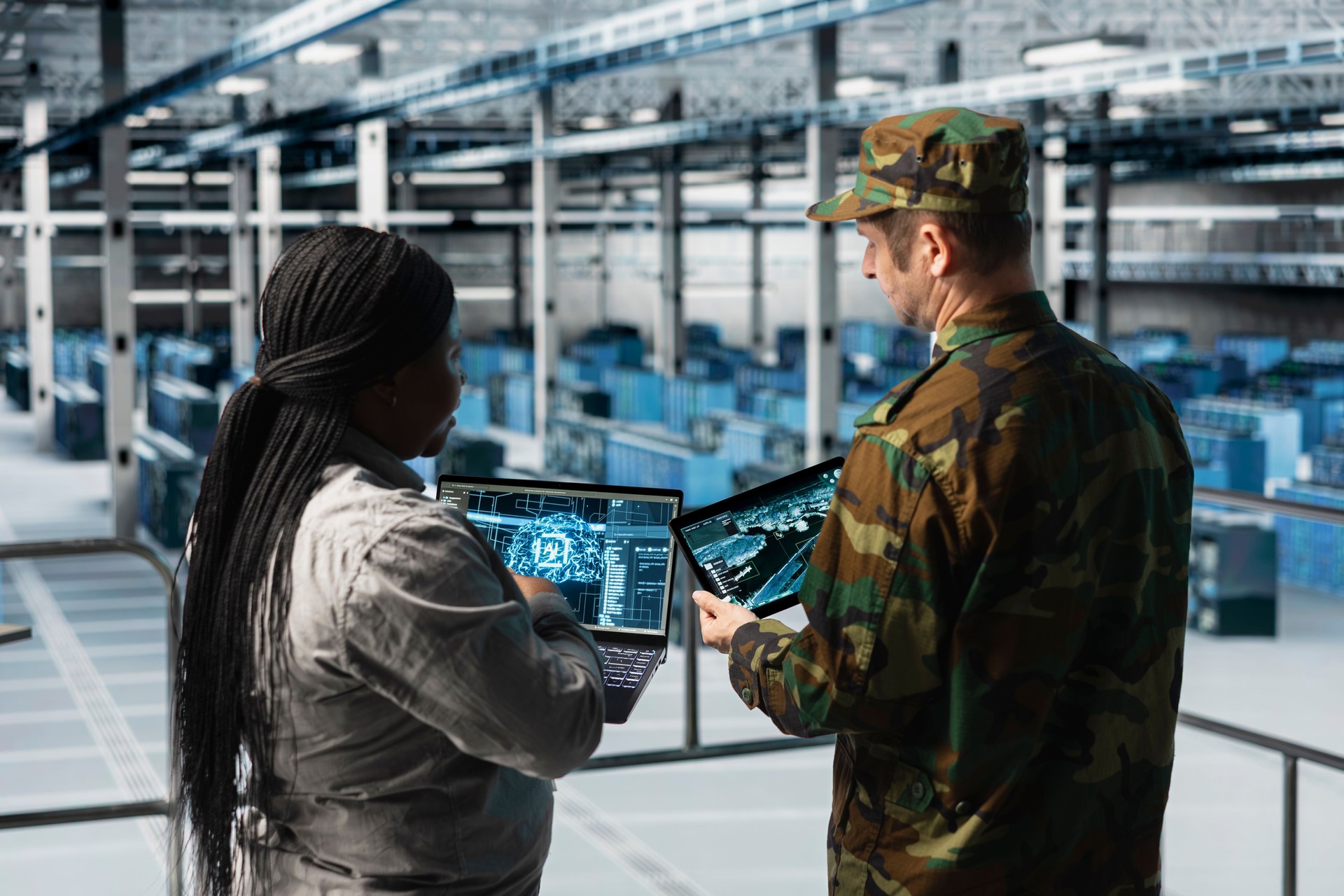Military server hub personnel analyzing AI enhanced surveillance data together